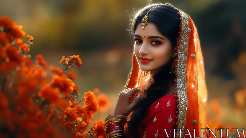 Saffron veiled portrait in shallow depth-of-field bloom field.