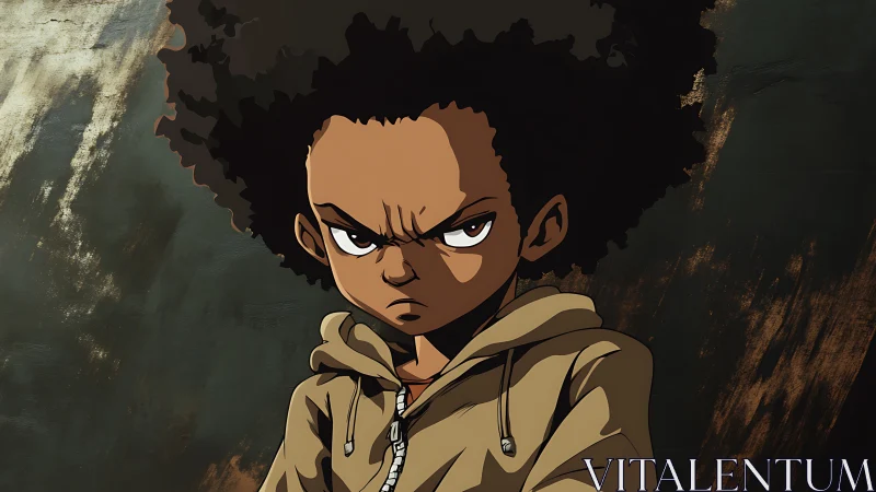 Serious afro-haired anime boy in tan hoodie portrait.