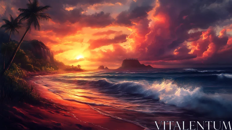 Glowing tropical shoreline under a dramatic sunset sky.