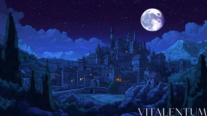 Moonlit medieval castle town rests under deep blue sky