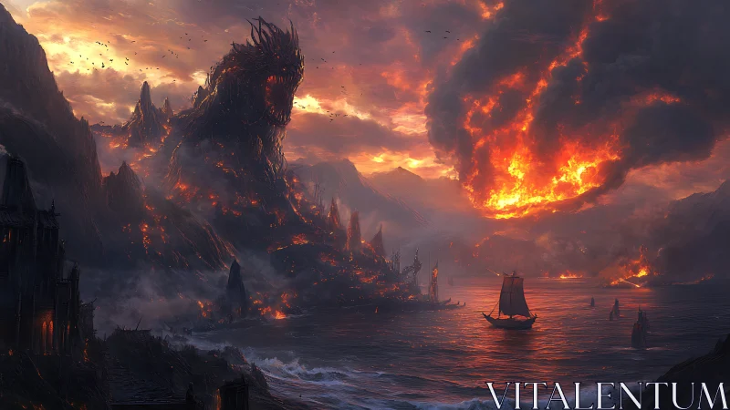 Colossal molten entity emerging over burning coastal city.