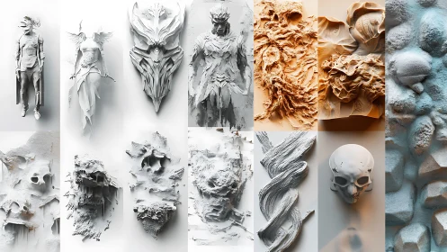 Abstract sculpted panels with figures, skulls, and textures.