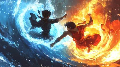 Elemental duel uniting water warrior and fire fighter.