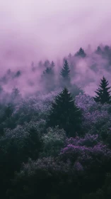 Misty Alpine Landscape with Coniferous Forest Canopy. Ethereal Atmospheric Perspective.