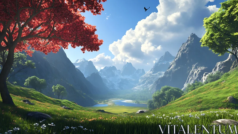 Crimson tree overlooks a tranquil alpine valley at sunrise