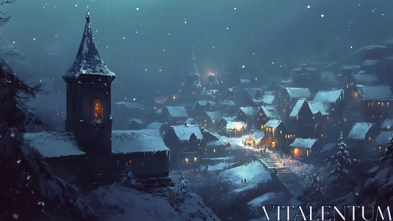 Snowy medieval village glowing under winter night sky.