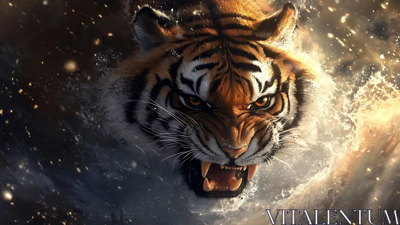 Snarling tiger head bursting through swirling water spray.