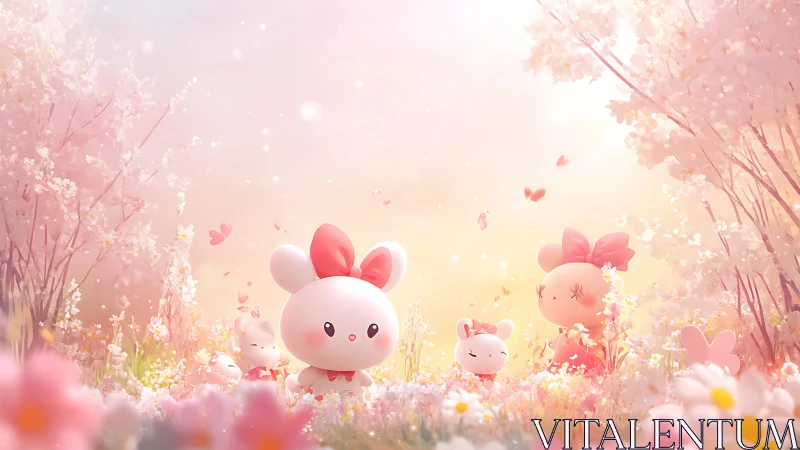 Cartoon rabbit figures occupy pastel floral landscape scene