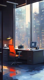 High-Rise Corporate Office: Red Mesh Chair, Downtown Cityscape Panorama