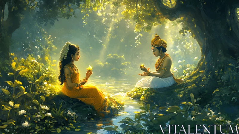 Divine figures seated by forest stream in filtered light.