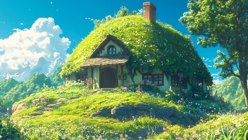 Fairytale hillside cottage under lush flowered green roof.