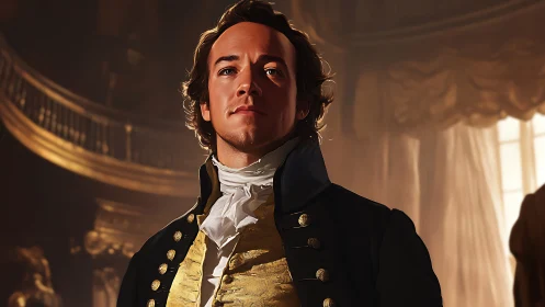 Regal young officer stands in baroque hall, warm light