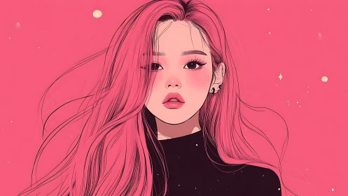 Pink haired girl portrait on solid pink background.