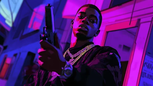 Neon-lit urban gangster holds gun in bold stylized portrait