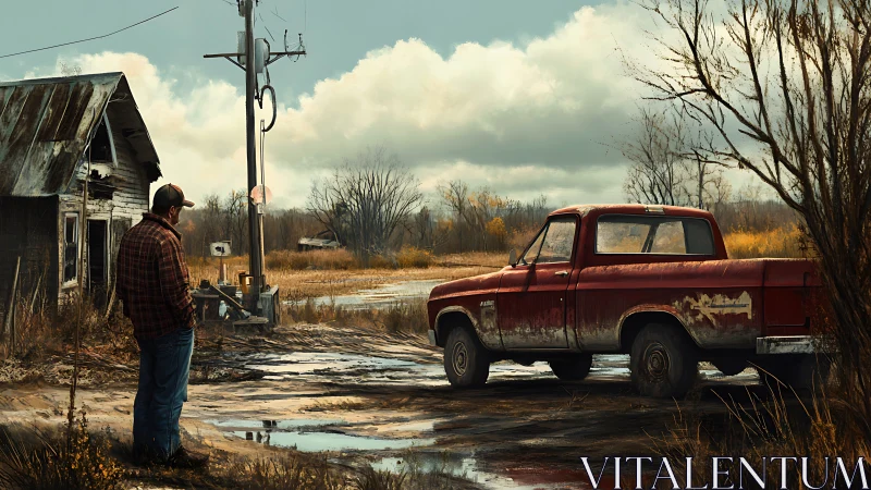 Rural roadside scene with weathered pickup in digital painting.