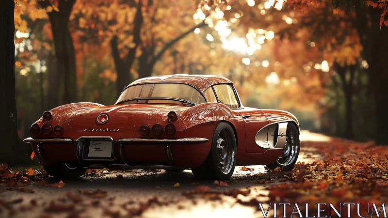 Photorealistic classic Corvette in atmospheric autumn roadway scene.