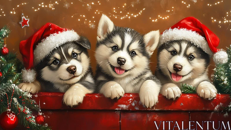 Three husky puppies wear Santa hats in festive setting