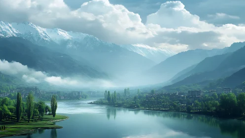 Snowcapped mountains and lakeside valley bask in soft mist.