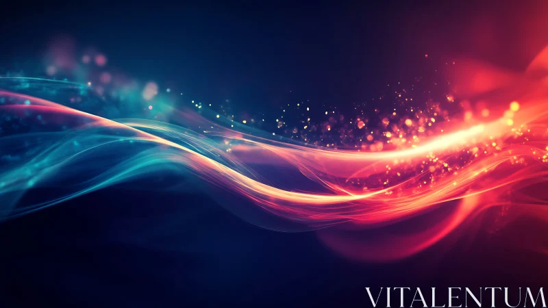 Colorful light waves curve across dark gradient background