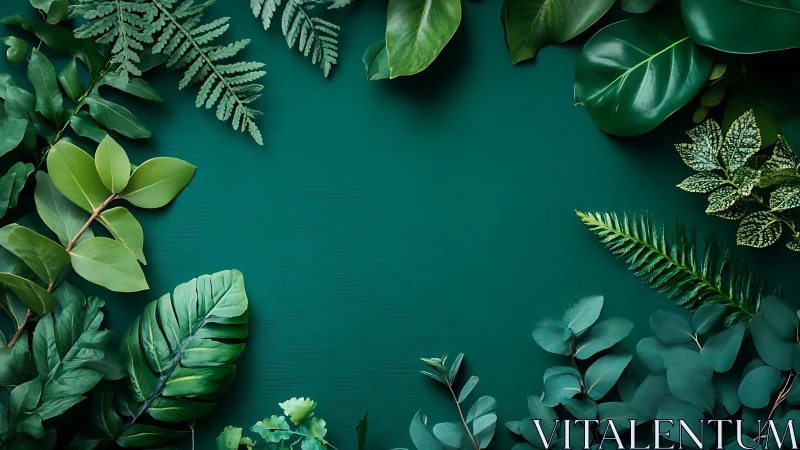 Botanical flat lay with mixed tropical foliage on teal backdrop