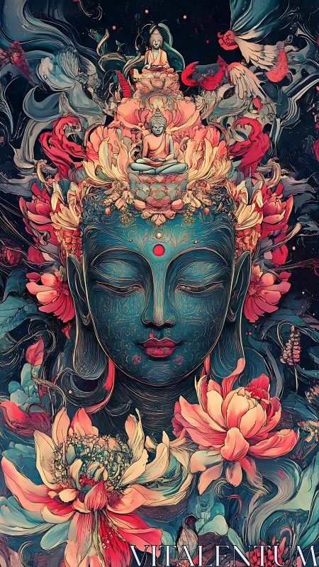 Layered serene Buddha amid cascading lotus mandalas.