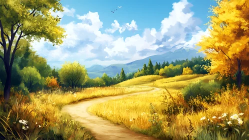 Curving dirt path winds through sunlit golden summer meadow