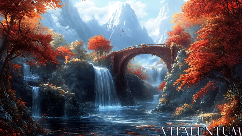 Autumn stone bridge arches over misty waterfalls and river