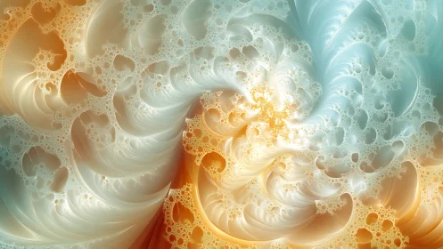 Swirling fractal curves in soft teal, white, and gold tones.