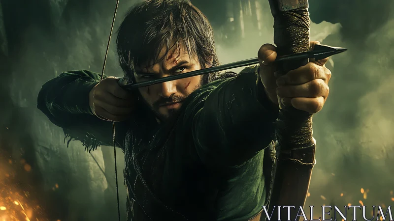 Brooding archer draws taut bow in emberlit forest haze.