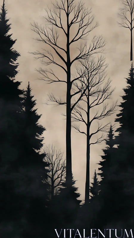 Stark Silhouetted Deciduous Tree Against Beige Sky With Coniferous Backdrop