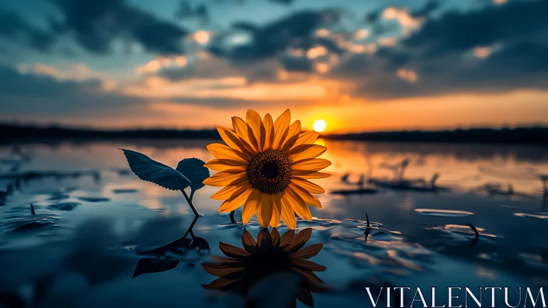 Sunflower in shallow water at low horizon sunset scene.