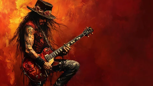 Riff-slinging outlaw guitarist ignites a molten sunset stage.