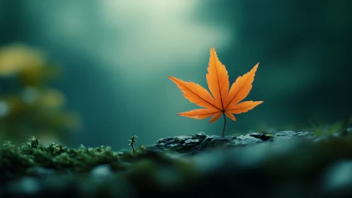 Amber maple leaf on mossy stone in cinematic soft bokeh field.