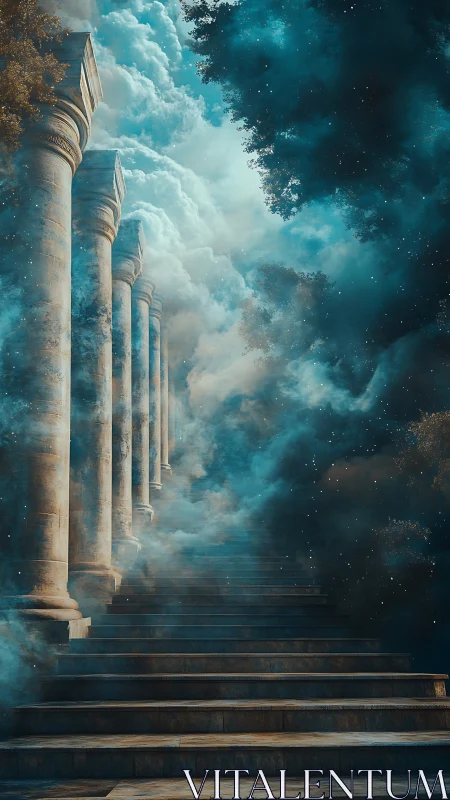 Stone stairway and columns rising into glowing clouds.