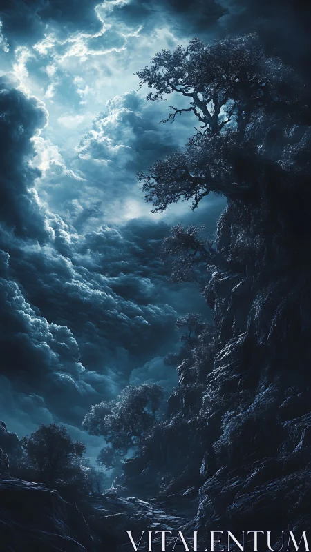 Nocturnal canyon landscape rendered with volumetric storm clouds