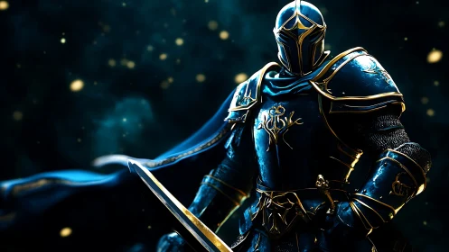 Star-forged knight in sapphire armor guarding silent galaxies.