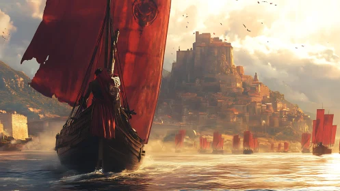 Red-sailed warship approaches fortified coastal city at dawn.