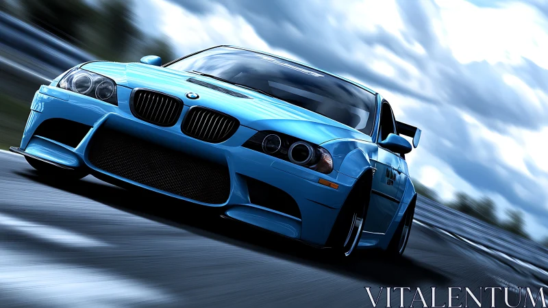 Blue track racer carving through a stormy-speed blur.