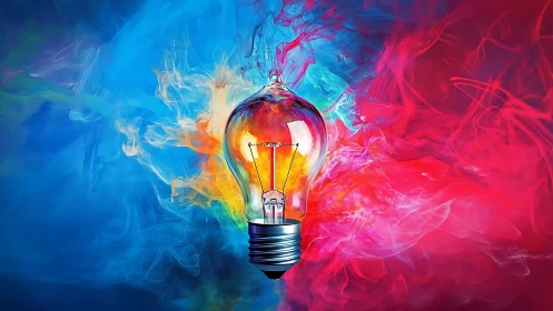 Vibrant glass lightbulb glows amid swirling color smoke