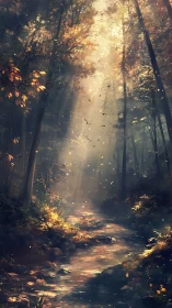 Golden Forest Path: Where Autumn Light Meets Serenity.