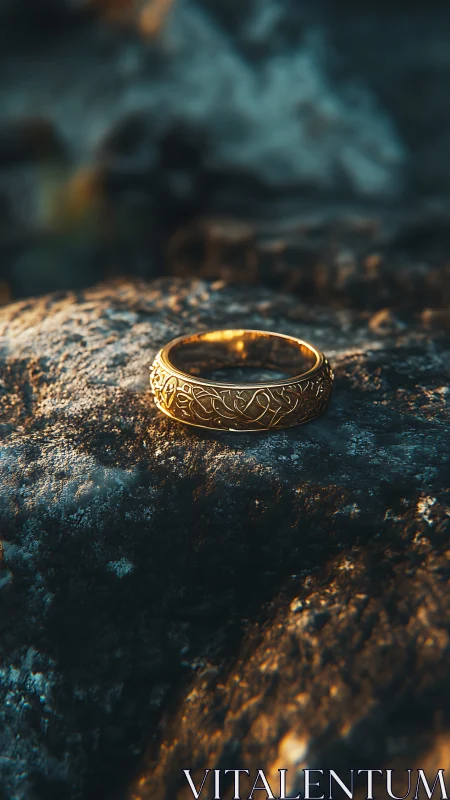 Golden engraved ring rests on rugged stone in warm dusk light