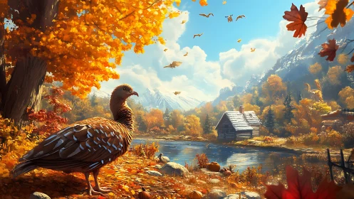 Turkey sentinel guards a golden autumn lakeside cabin dream.