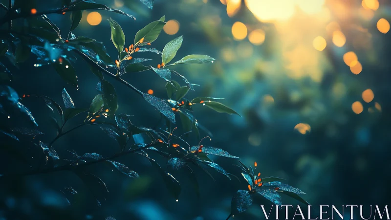 Dewlit branch catches warm sunrise through soft bokeh haze