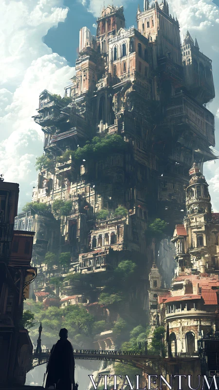 Towering sky city wrapped in hanging gardens and mystery.