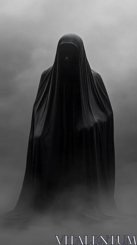 Shrouded dark figure rising from fog in minimal grayscale.