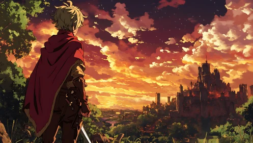 Cloaked figure observing distant castle at sunset horizon.