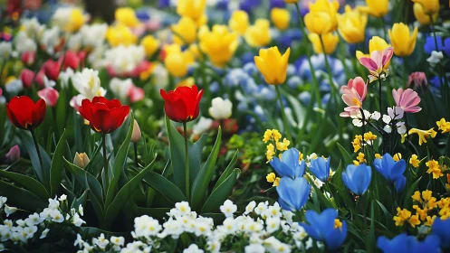 Spring garden composition with tulips and companion plantings.