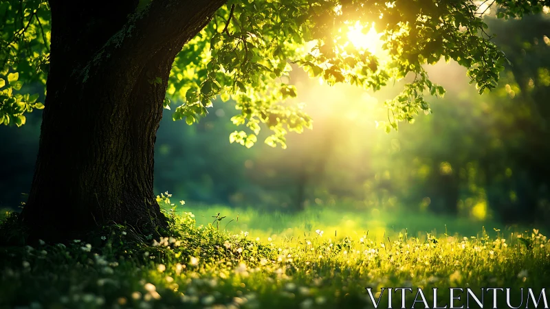 Backlit deciduous tree with volumetric dawn illumination field.