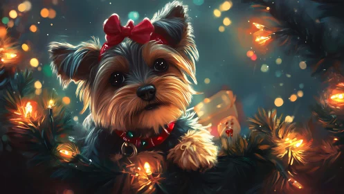 Yorkshire terrier gazes through glowing holiday wreath
