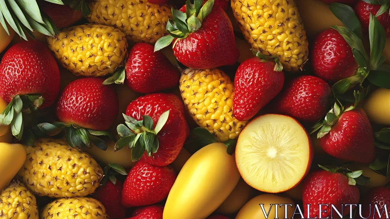 Strawberries and yellow tropical fruit in closeup layout.
